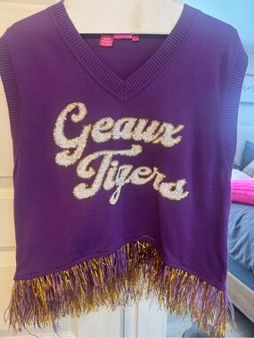 QUEEN OF SPARKLES Purple Sleeveless Sequin "Geaux Tigers" Fringe Top